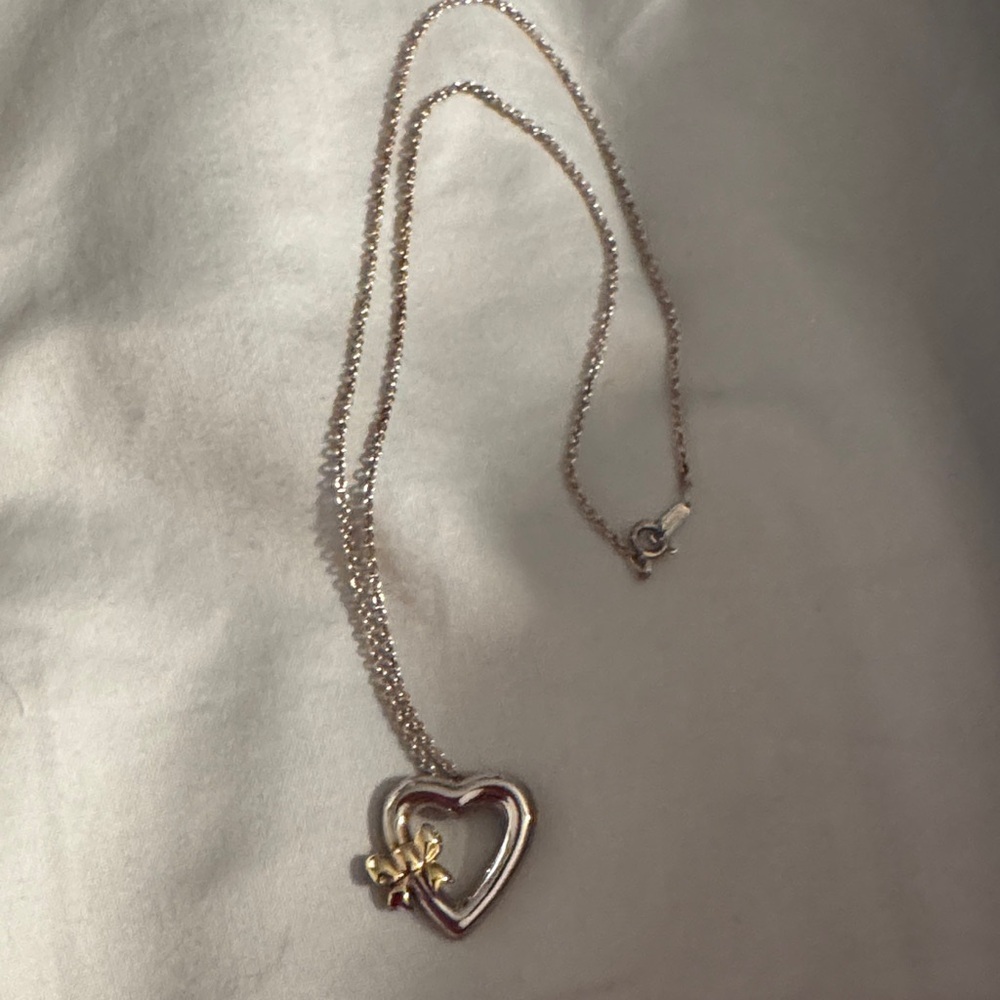 Tiffany & Co Silver Heart with 18kt Gold Ribbon Bow Necklace - Picture 2 of 11